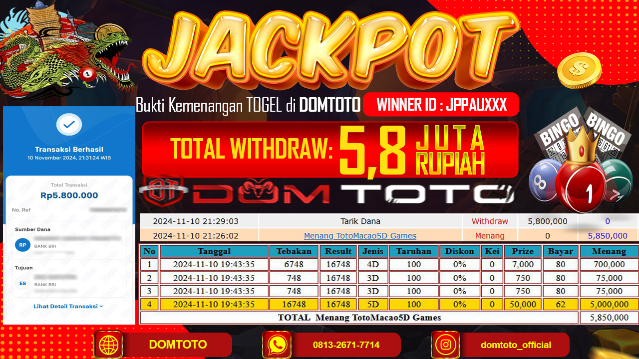 JACKPOT TOTOMACAU 5D  10 NOVEMBER 2024